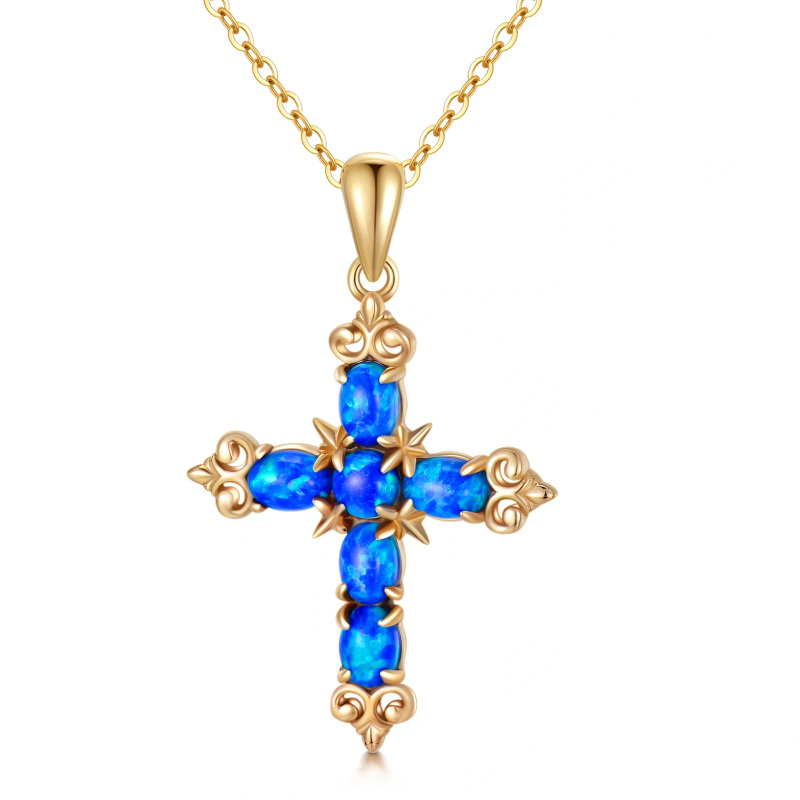 Collier croix en or 14K avec pendentif en forme d'opale bleue ovale