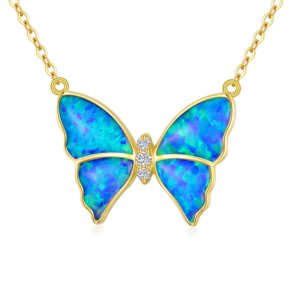 14K Gold Blue Opal Butterfly Pendant Necklace-1