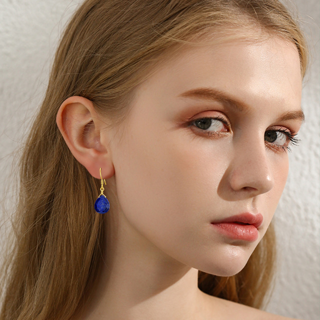 Boucles d'oreilles pendantes en or massif 14 carats pour femme, aigue-marine naturelle à facettes en forme de larme bleue-1