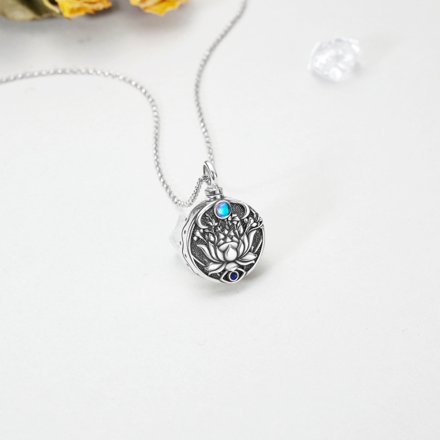 Sterling Silver with Black Rhodium Circular Shaped Cubic Zirconia & Moonstone Lotus & Evil Eye Urn Necklace for Ashes-3