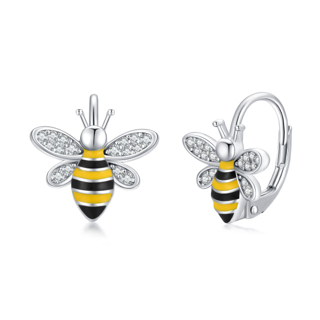 Sterling Silver Circular Shaped Cubic Zirconia Bee Lever-back Earrings-1