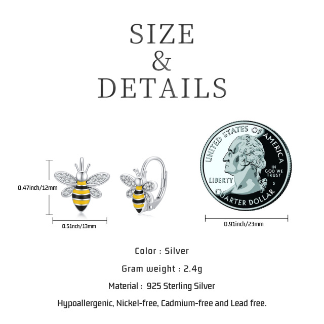 Sterling Silver Circular Shaped Cubic Zirconia Bee Lever-back Earrings-6