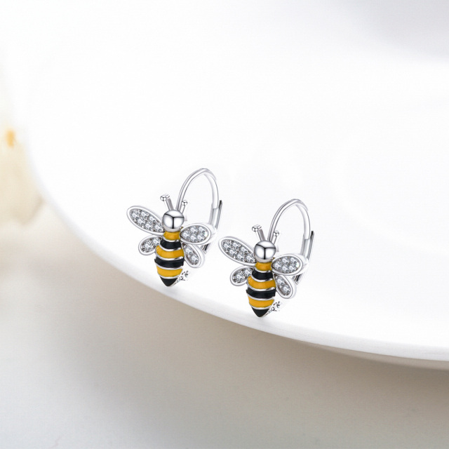 Sterling Silver Circular Shaped Cubic Zirconia Bee Lever-back Earrings-4
