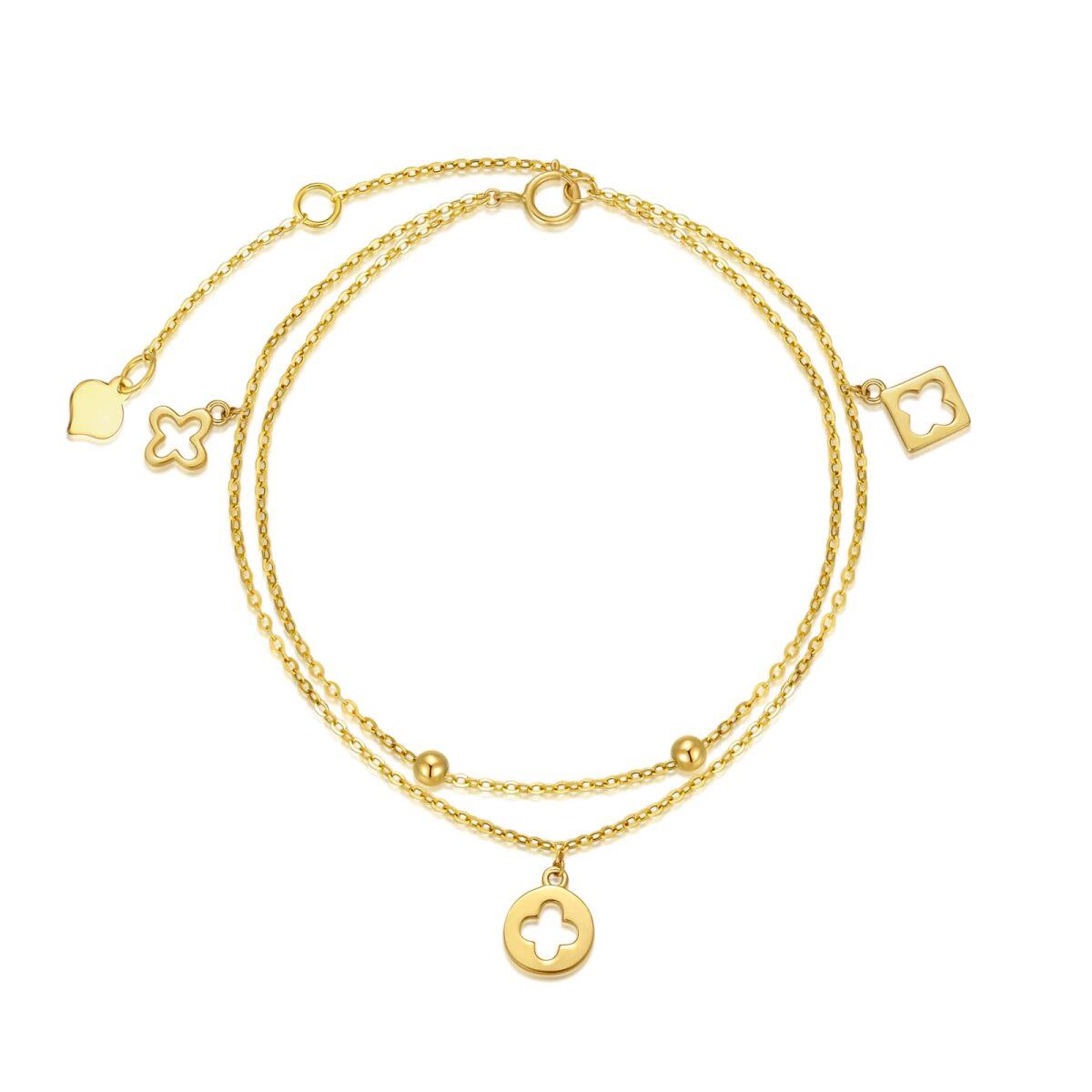 Bracelet en or 14K avec pendentif trèfle à quatre feuilles, perles et croix-1