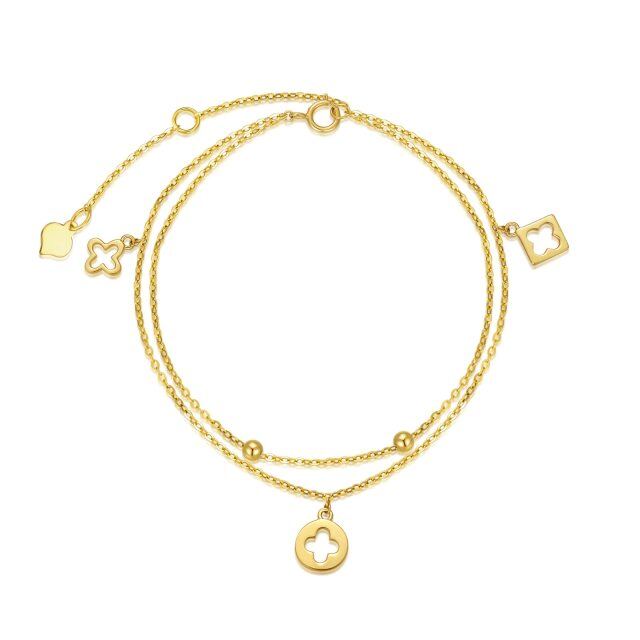 Pulseira com pingente de trevo de quatro folhas, conta e cruz em ouro 14K-0