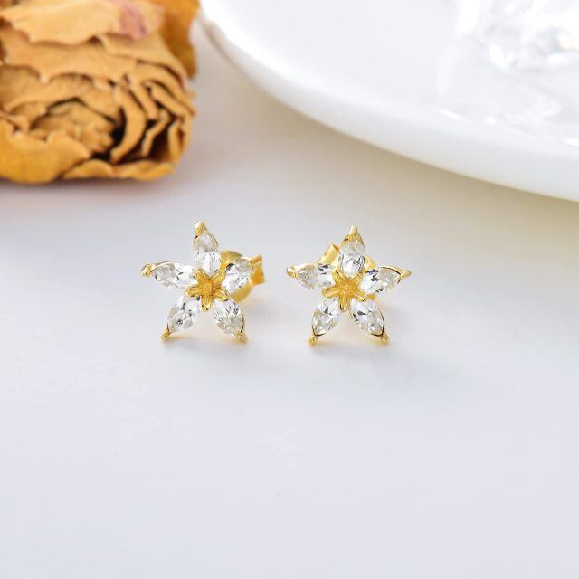 14K Real Solid Gold Crystal Flower Stud Earrings for Women Girls Gifts for Her Screw Back Floral Sutd Earrings 8.5mm-2