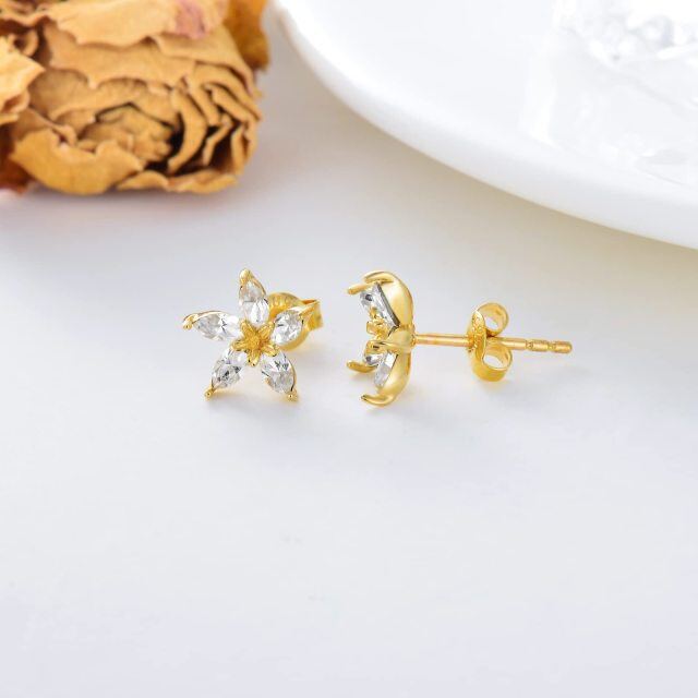 14K Real Solid Gold Crystal Flower Stud Earrings for Women Girls Gifts for Her Screw Back Floral Sutd Earrings 8.5mm-3