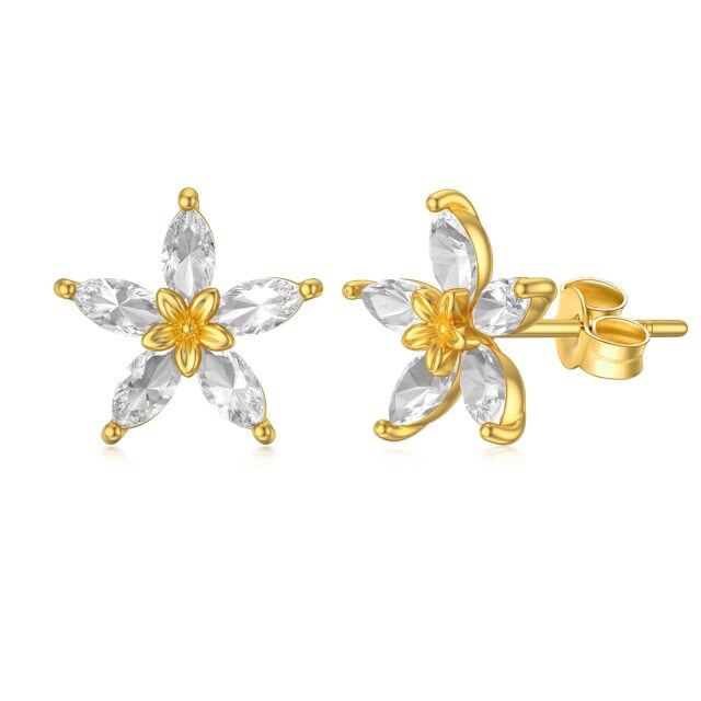 14K Real Solid Gold Crystal Flower Stud Earrings for Women Girls Gifts for Her Screw Back Floral Sutd Earrings 8.5mm-0