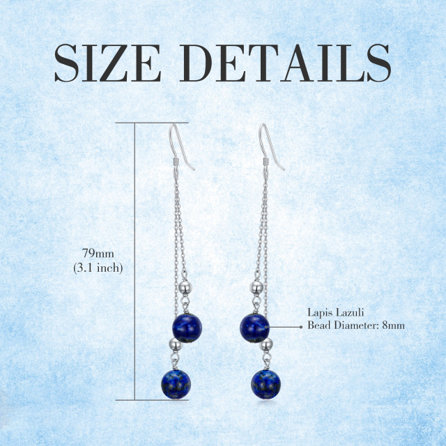 Sterling Silver Round Lapis Lazuli Bead Drop Earrings-3