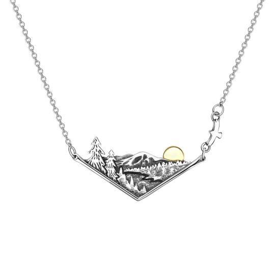 Collar de cadena de montaña 3D Collar con colgante de puesta de sol de río errante de plata esterlina
