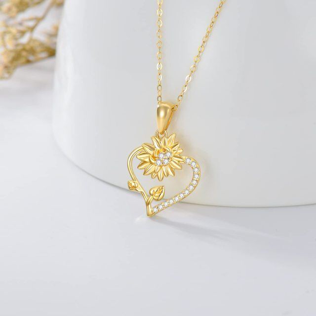 14K Gold Cubic Zirconia Sunflower & Heart Pendant Necklace-3