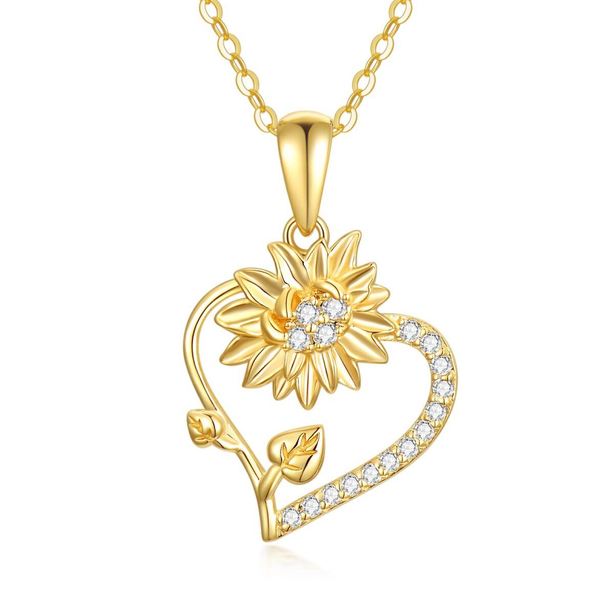Collier en or 14K avec pendentif fleur de soleil et coeur en zircon cubique-1