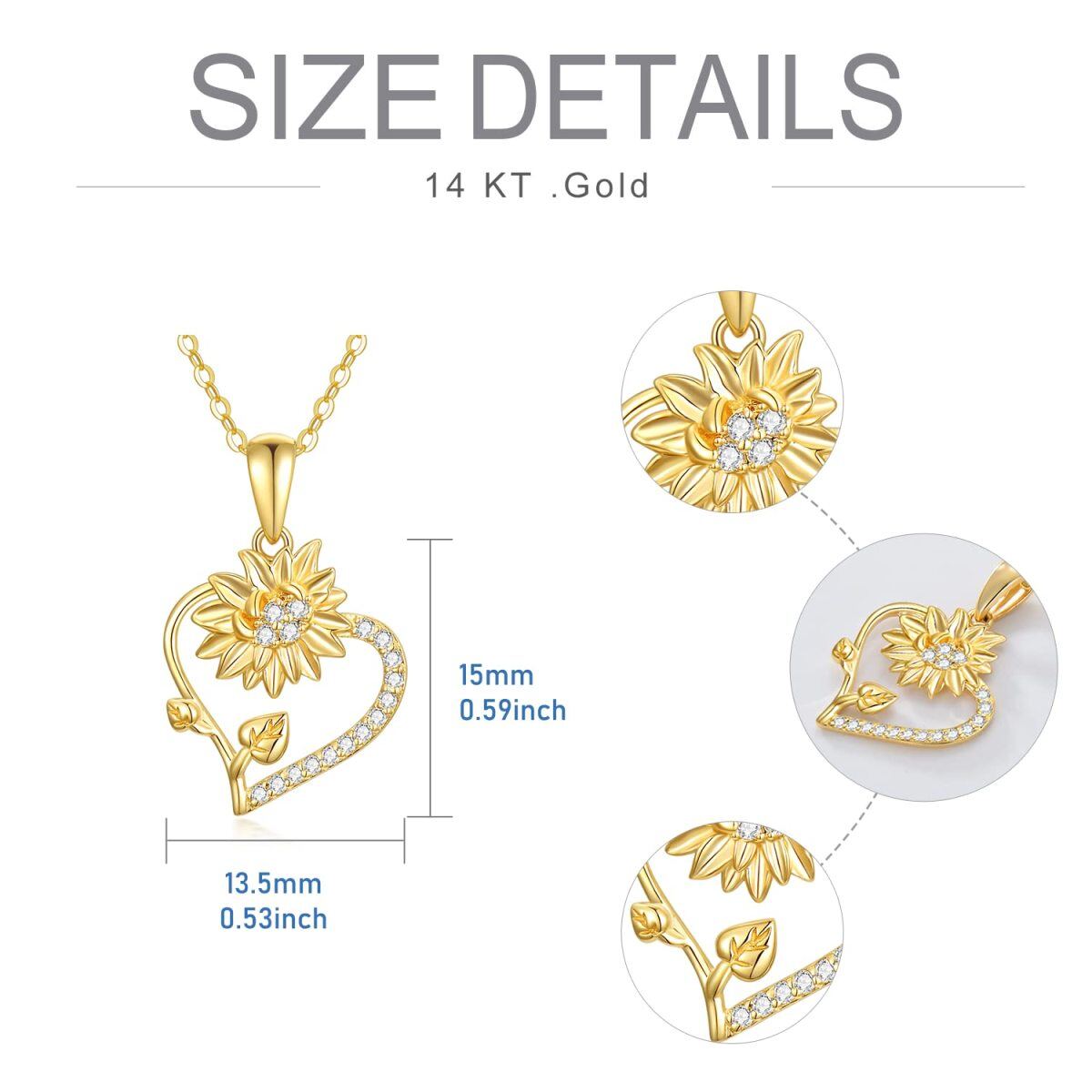 14K Gold Cubic Zirkonia Sonnenblume & Herz-Anhänger Halskette-5