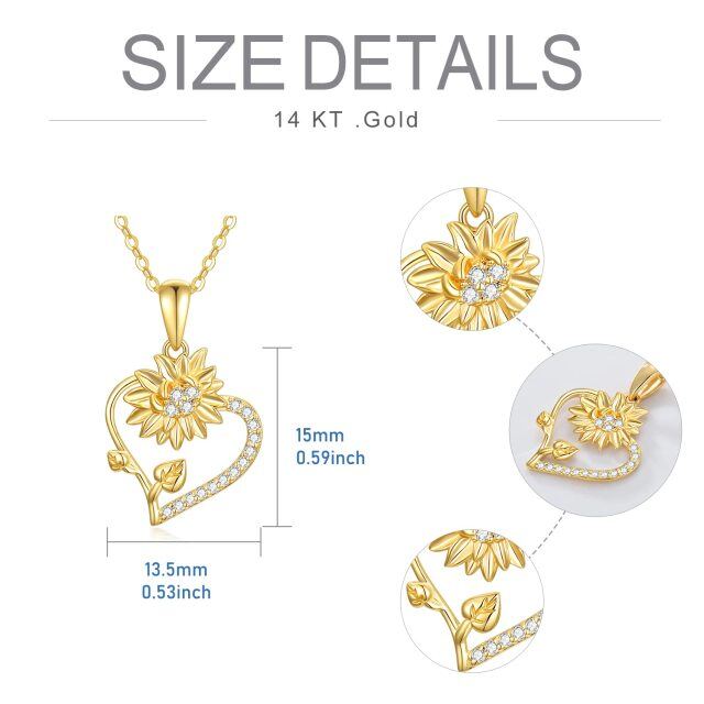 14K Gold Cubic Zirconia Sunflower & Heart Pendant Necklace-4