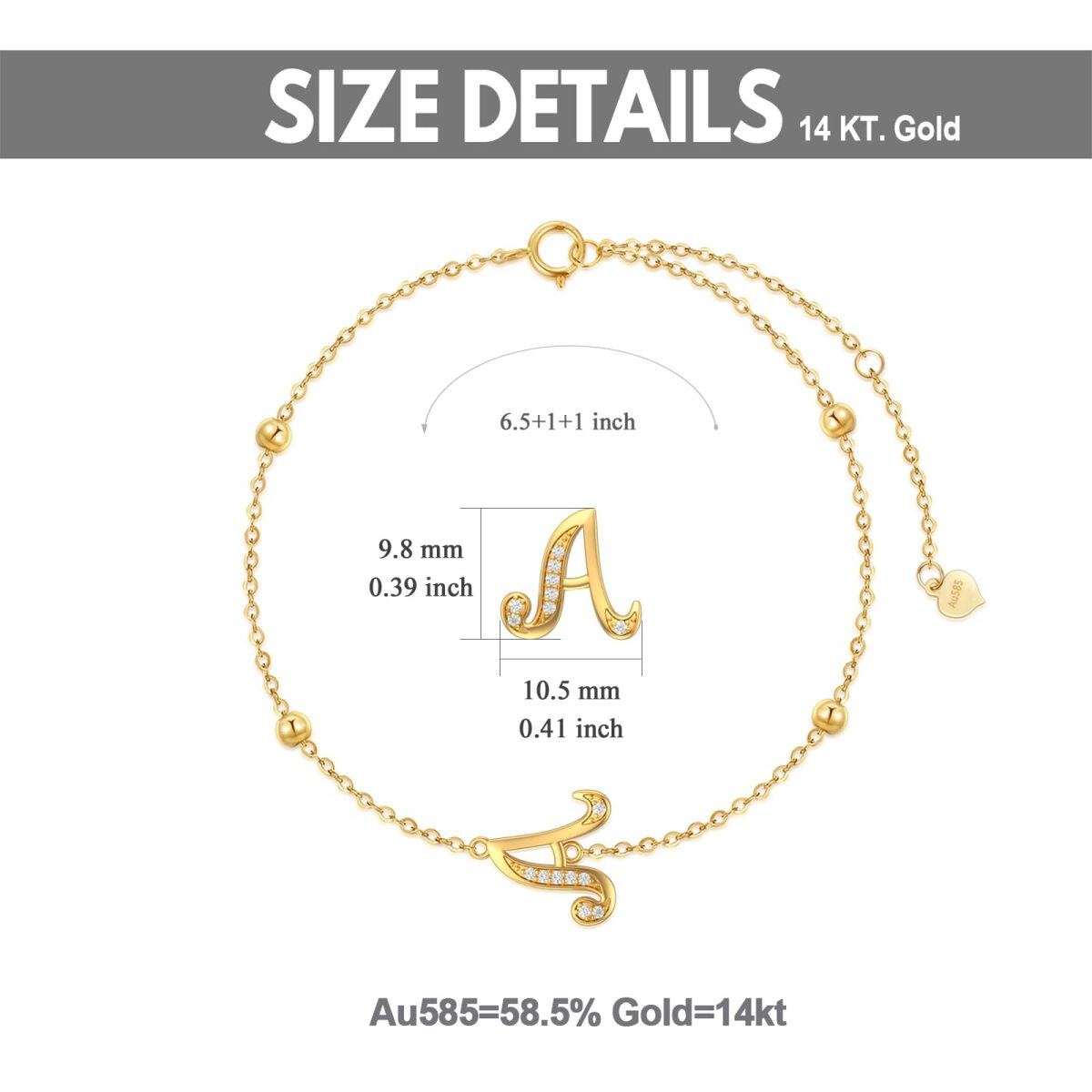 Pulsera de oro de 14 quilates de circonita cúbica con la letra inicial A-6