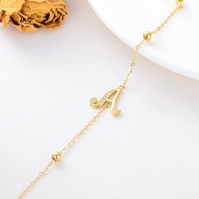 14K Gold Cubic Zirconia Bead Pendant Bracelet with Initial Letter A-4