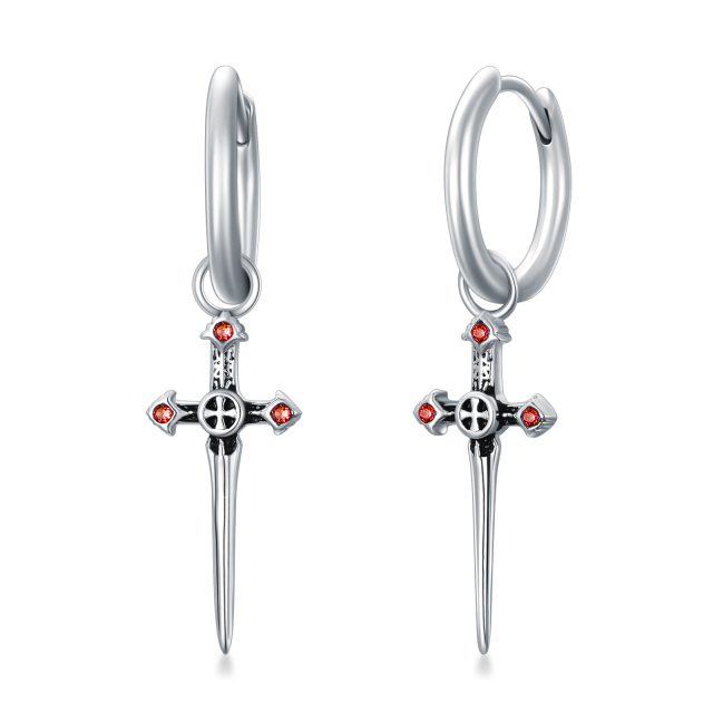 Sterling Silver Cubic Zirconia Cross & Sword Drop Earrings-1