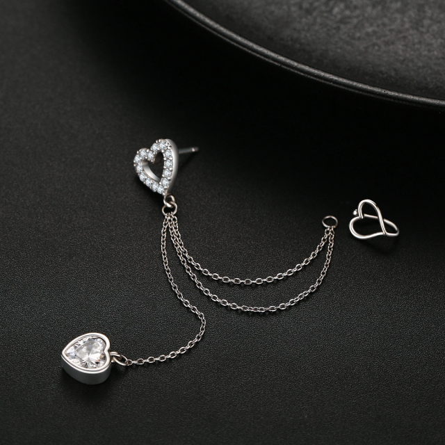 Sterling Silver Heart Zircon Heart Climber Earrings-5