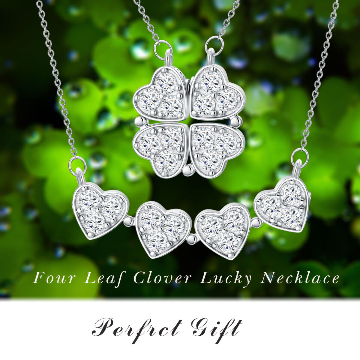 Sterling Silver Round Cubic Zirconia Four Leaf Clover & Heart Pendant Necklace-4