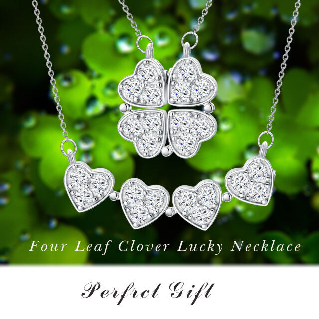 Sterling Silver Round Cubic Zirconia Four Leaf Clover & Heart Pendant Necklace-3