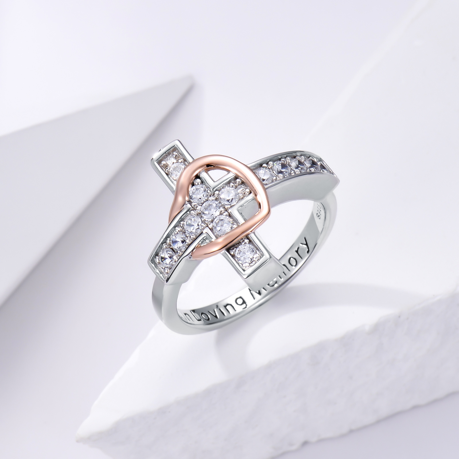 Sterling Silver Two-tone Circular Shaped Cubic Zirconia Cross & Heart Urn Ring with Engraved Word