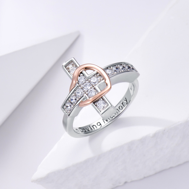 Sterling Silver Two-tone Circular Shaped Cubic Zirconia Cross & Heart Urn Ring with Engraved Word-2