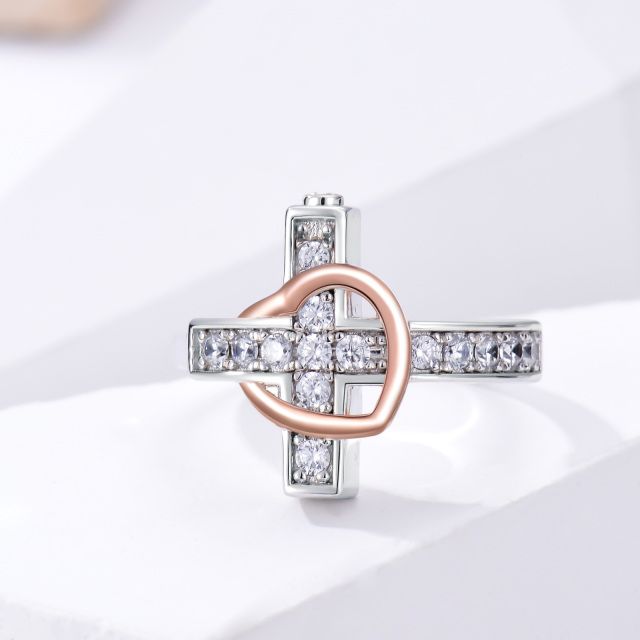 Sterling Silver Two-tone Circular Shaped Cubic Zirconia Cross & Heart Urn Ring with Engraved Word-3