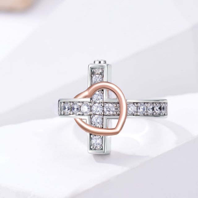 Sterling Silber zweifarbig kreisförmig Cubic Zirkonia Kreuz & Herz Urne Ring mit eingravie-3