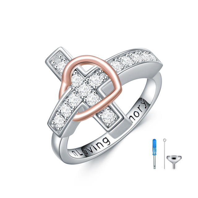 Sterling Silber zweifarbig kreisförmig Cubic Zirkonia Kreuz & Herz Urne Ring mit eingravie-0