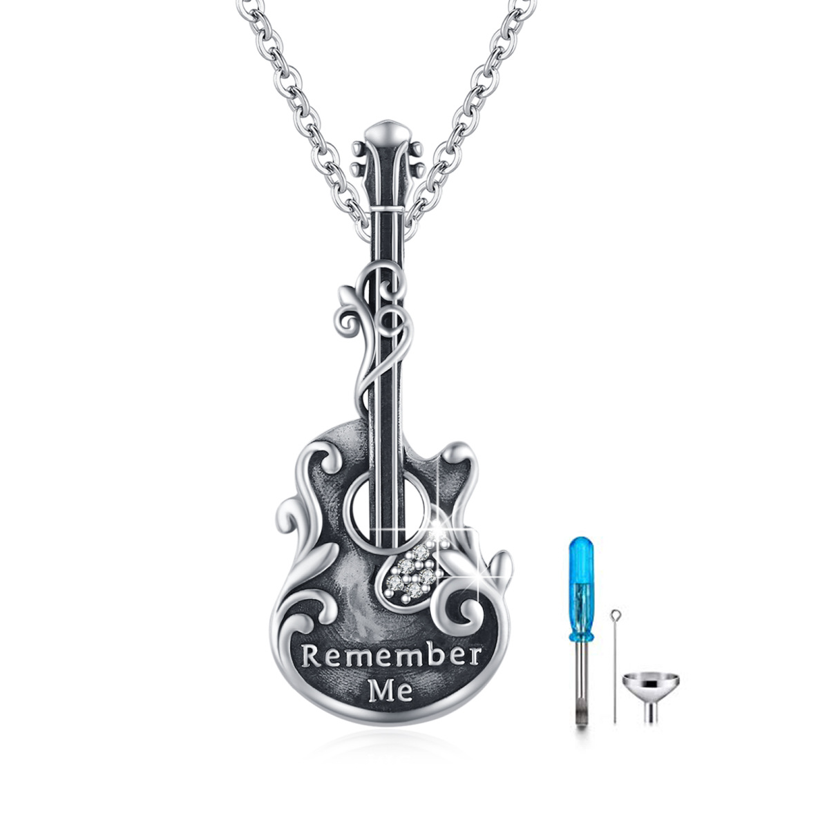 Collier en argent sterling avec rhodium noir en forme d'urne de guitare avec mot gravé-1