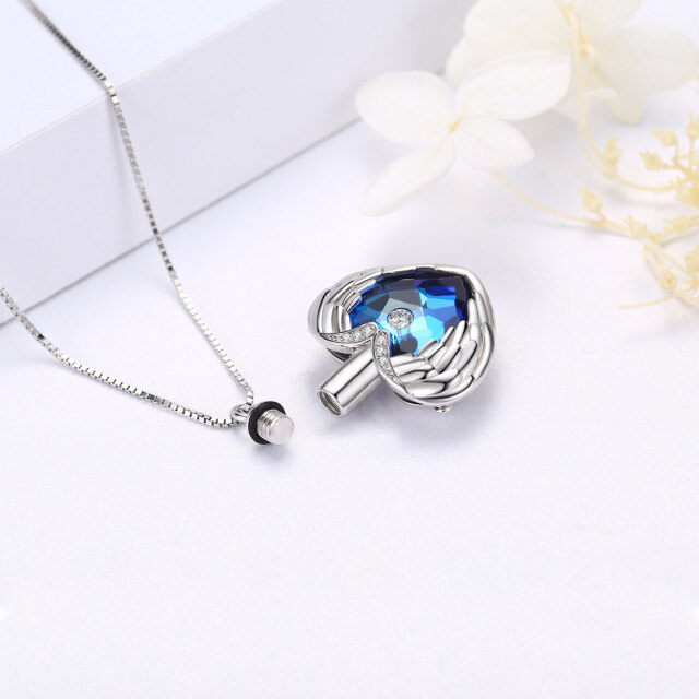 Sterling Silver Heart Shaped Blue Crystal Angel Wing Urn Necklace for Ashes-3
