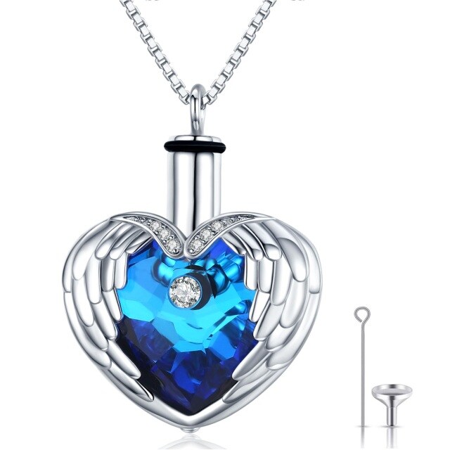 Sterling Silver Heart Shaped Blue Crystal Angel Wing Urn Necklace for Ashes-1