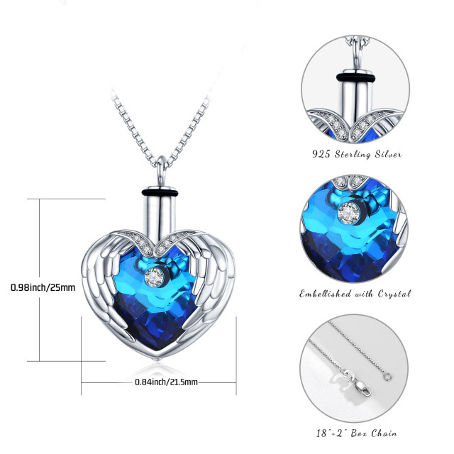 Sterling Silver Heart Shaped Blue Crystal Angel Wing Urn Necklace for Ashes-4