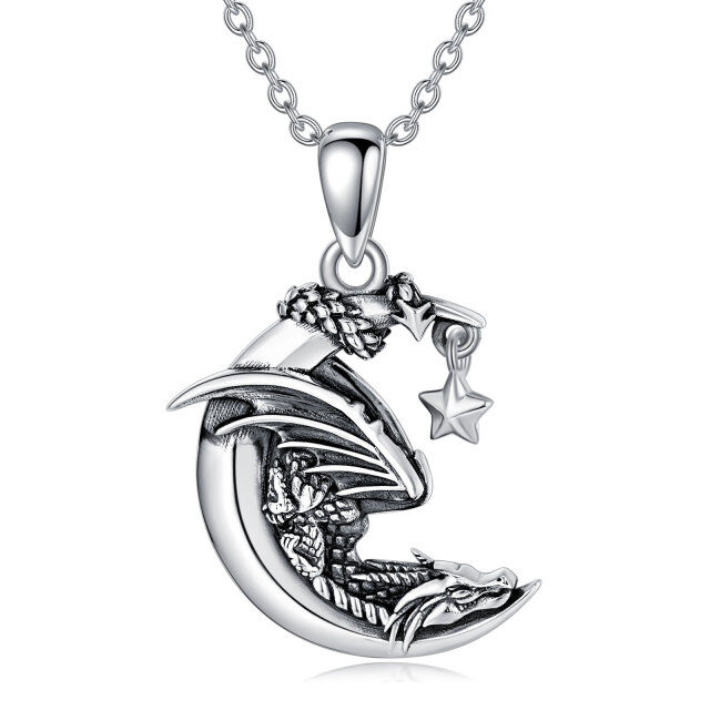 Sterling Silver Dragon & Moon Pendant Necklace-1