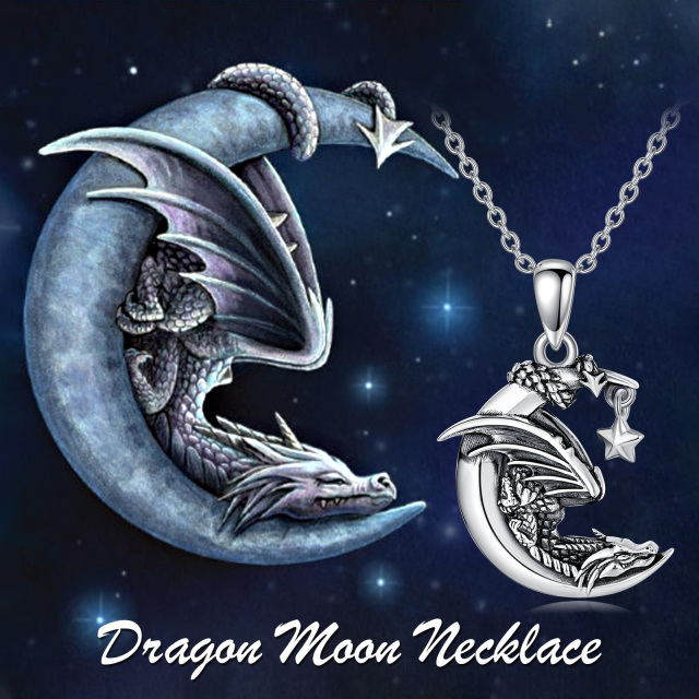 Sterling Silver Dragon & Moon Pendant Necklace-5