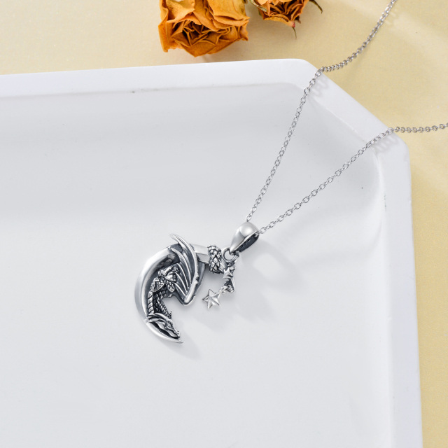 Sterling Silver Dragon & Moon Pendant Necklace-6