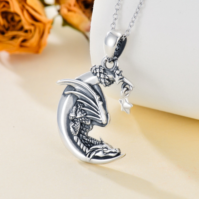 Sterling Silver Dragon & Moon Pendant Necklace-6