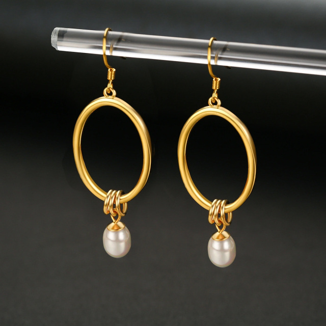Sterling Silver with Yellow Gold Plated Oval Pearl Oval Shaped Drop Earrings-2