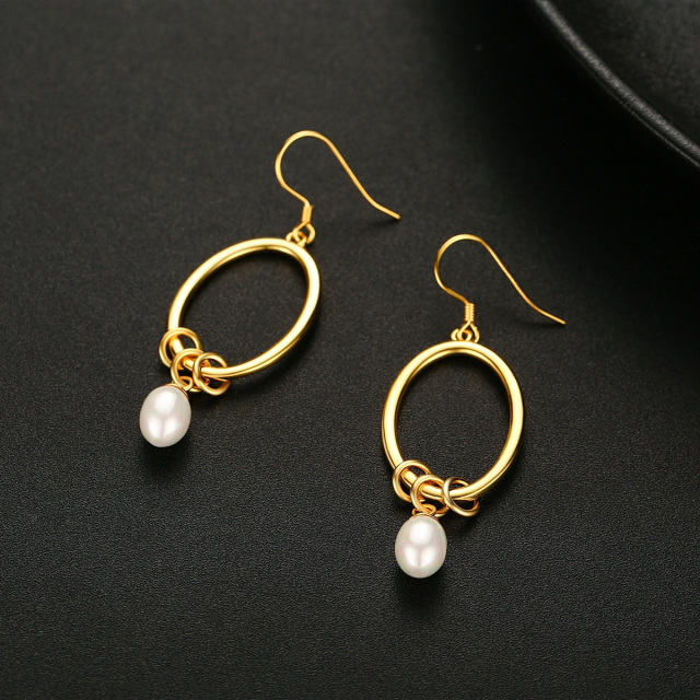 Sterling Silver with Yellow Gold Plated Oval Pearl Oval Shaped Drop Earrings-3