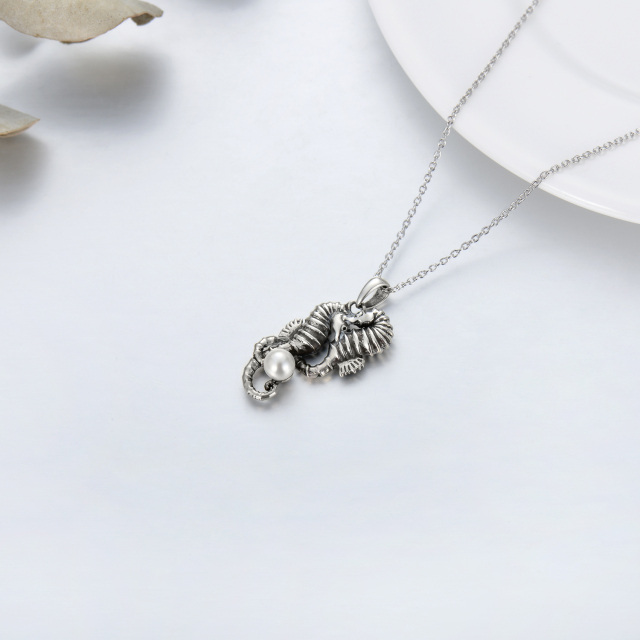 Sterling Silver Circular Shaped Pearl Seahorse Pendant Necklace-3