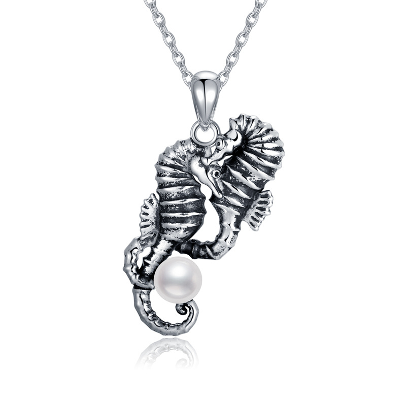 Sterling Silver Circular Shaped Pearl Seahorse Pendant Necklace-1