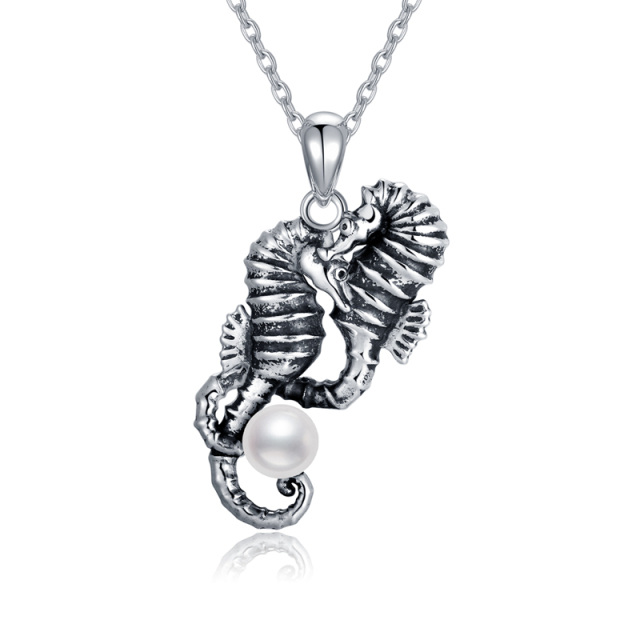 Sterling Silber kreisförmig Perle Seepferdchen Anhänger Halskette-0