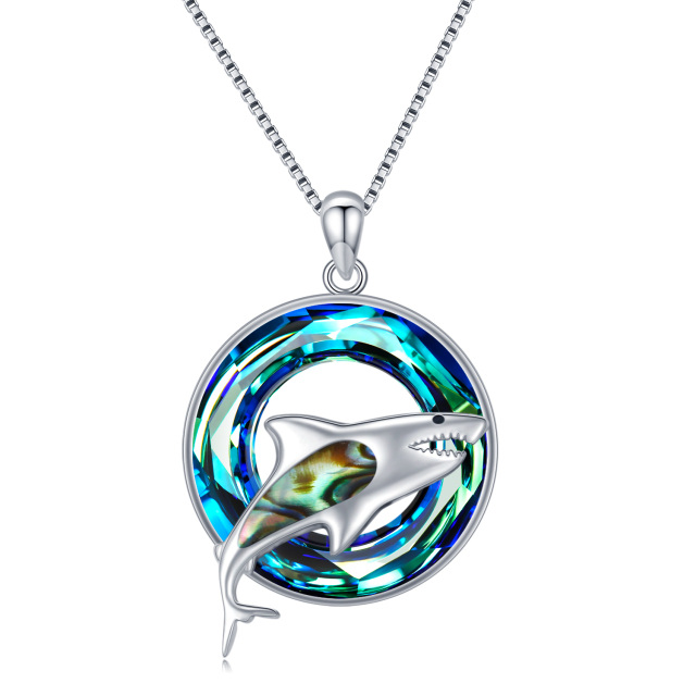 Sterling Silver Round Shark Crystal Pendant Necklace-1