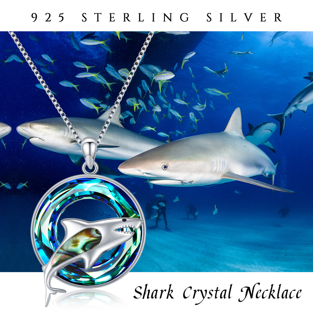 Sterling Silver Round Shark Crystal Pendant Necklace-6