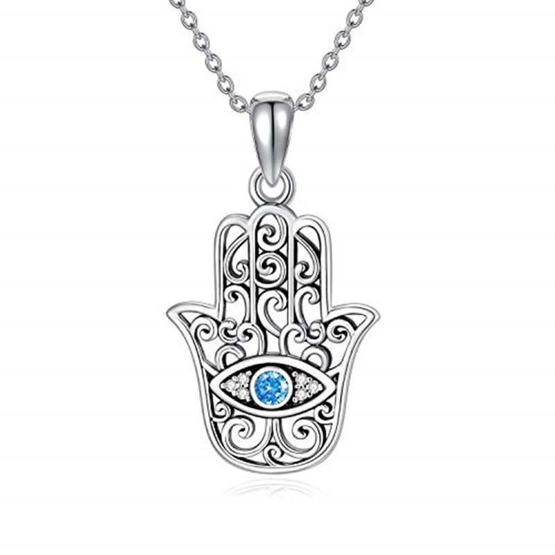 Sterling Silber Cubic Zirkonia Evil Eye & Hamsa Hand Anhänger Halskette-1