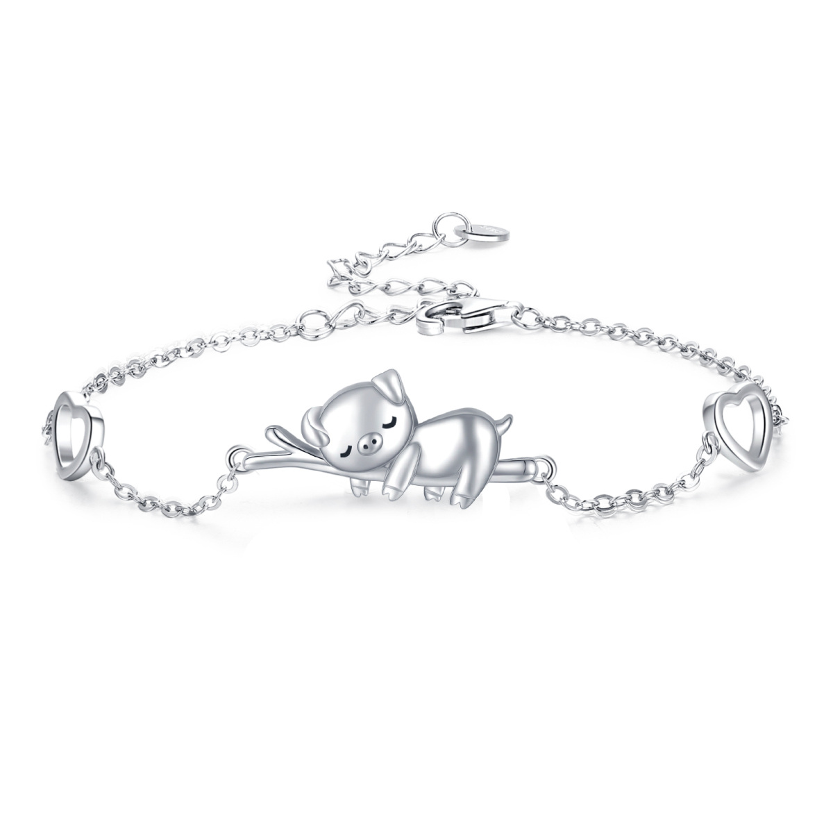 Sterling Silver Pig & Heart Pendant Bracelet-1