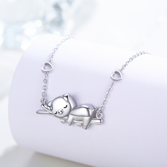 Sterling Silver Pig & Heart Pendant Bracelet-3