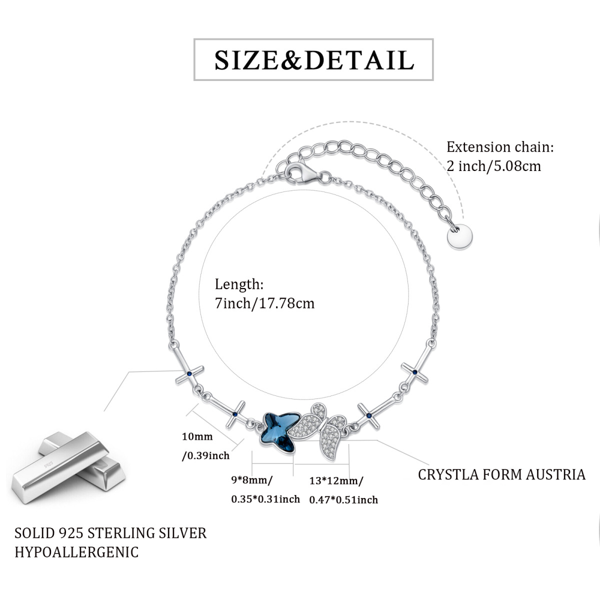 Sterling Silber Kristall Schmetterling & Kreuz Anhänger Armband-5