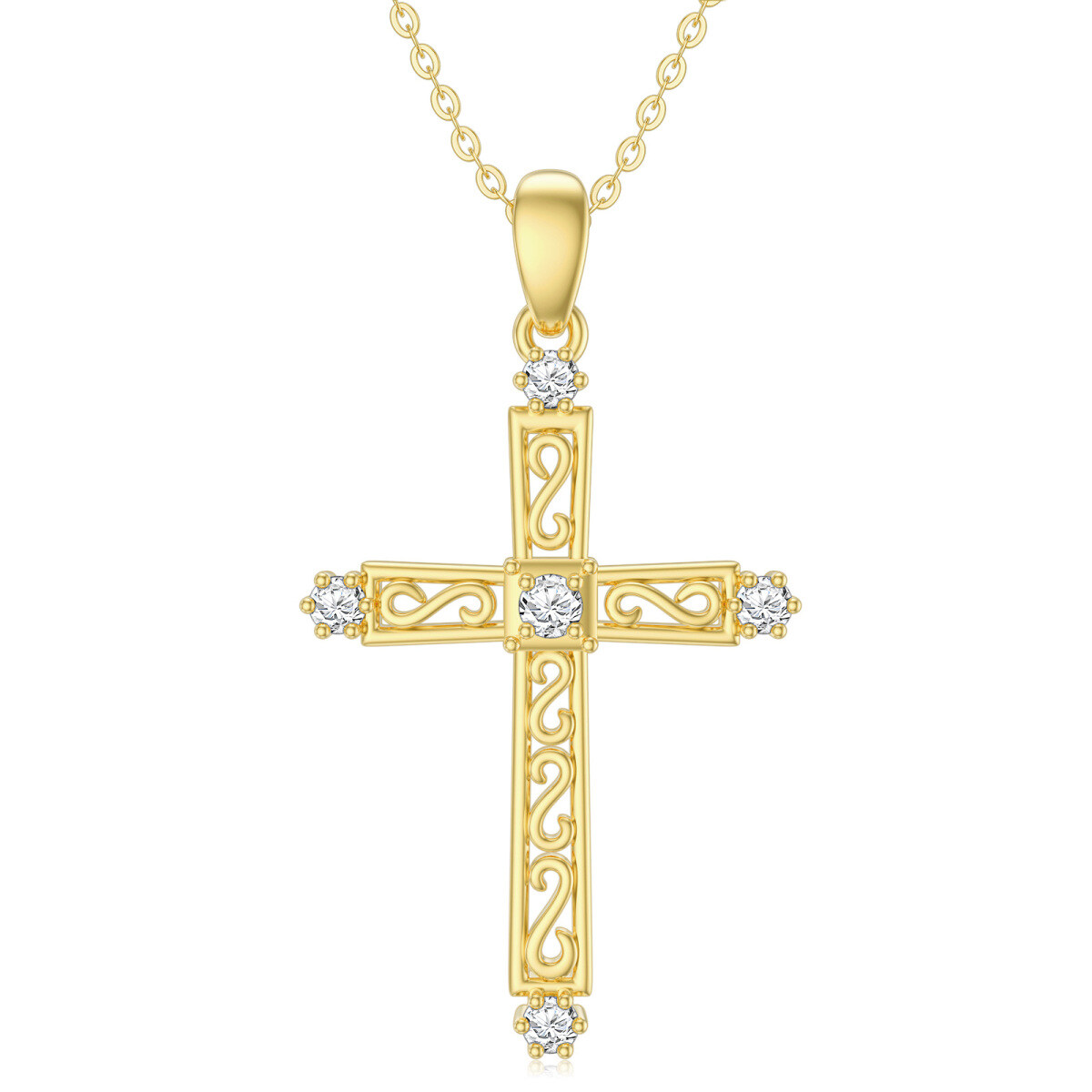 14K Gold Cubic Zirconia Hollow Cross Pendant Necklace-1
