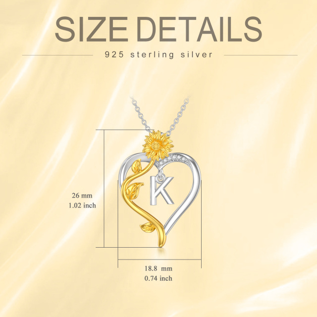 Sterling Silver Two-tone Circular Shaped Cubic Zirconia Sunflower & Heart Pendant Necklace with Initial Letter A-2
